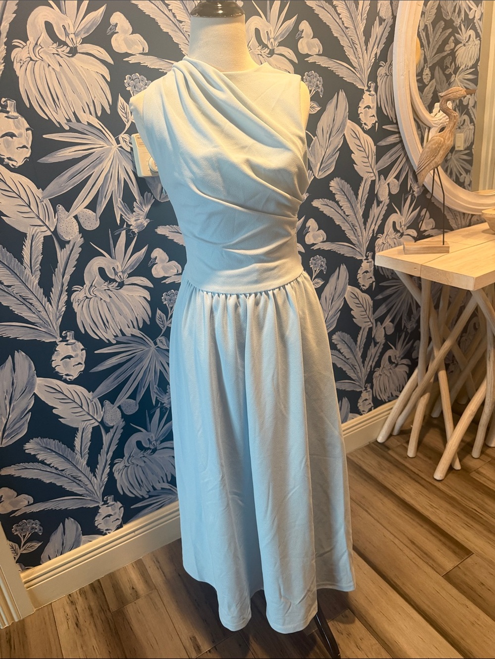 Cider Pale Blue Sleeveless Draped Waist Midi Dress